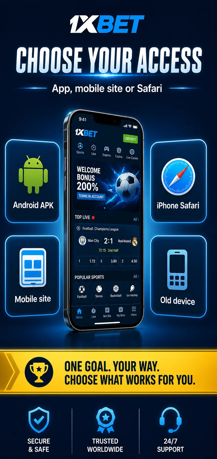 Choosing between 1xBet APK Android, iPhone Safari and mobile site